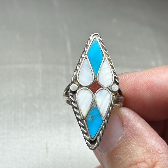 Vintage Zuni Native 4 Turquoise Pointed MOP Mother of Pearl, Coral Silver Ring - Picture 3 of 7